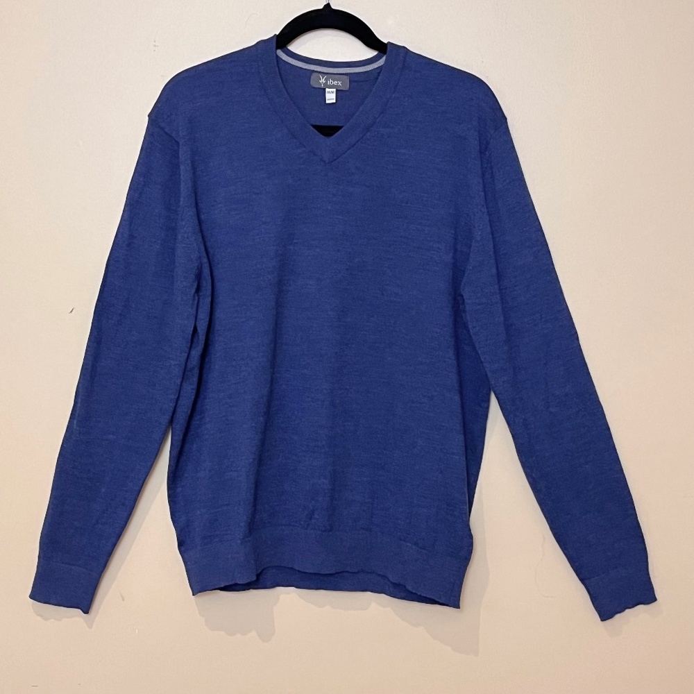 Ibex Wool Blend V-Neck Long Sleeve Pullover Sweater - Men's Size M - Blue
